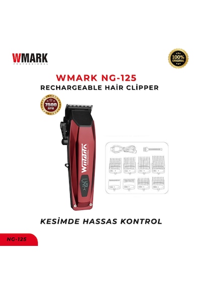 Wmark Ng-125 Şarjlı Kırmızı Saç Kesme Makinesi 7500 Rpm 2000 Mah Ayarlanabilir Profesyonel Clipper 3 saat