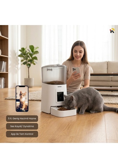 Haustier PP003 Pro Beyaz Kameralı 1080P FHD Gece Görüş Akıllı Otomatik Kedi Mama Kabı, Tuya App-Wifi Uzaktan Kontrol, Sesle Çağırma, 2.4Ghz-5Ghz, 5Lt hazne, Metal Kase
