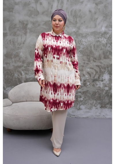 Polologin Butik Desenli Bordo Beyaz Uzun Tunik Bordo