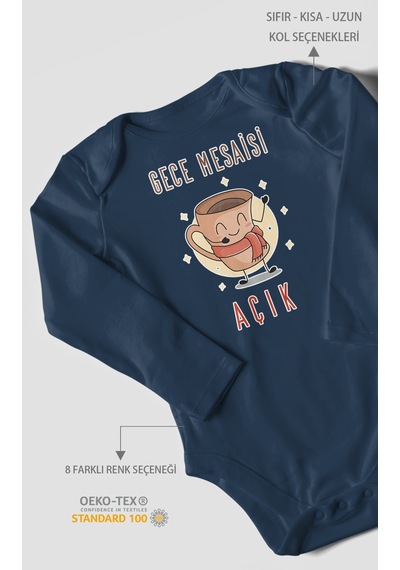 Gece Mesaisi Açık Baskılı Bebek Zıbını Çıtçıtlı Body %100 Pamuk Uzun Kol Lacivert