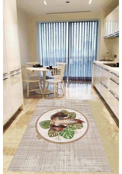 Bej Kaymaz Tabanlı Yıkanabilir Filli Mutfak Halısı Ar1273n11