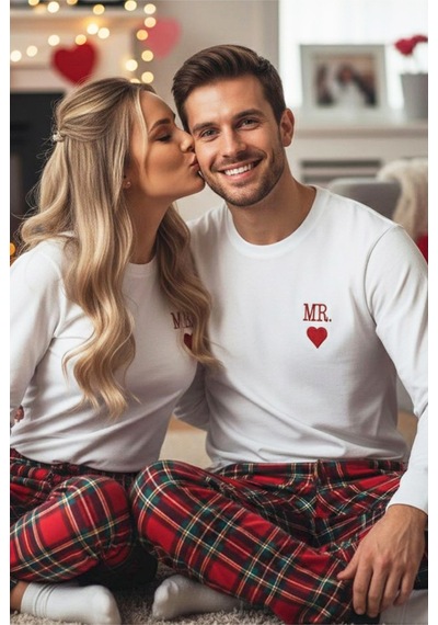 Siyah İnci Erkek Ekose Merry Christmas Baskılı Yılbaşı Temalı Örme Pijama Takım 7969 Ekru Kırmızı Ekose