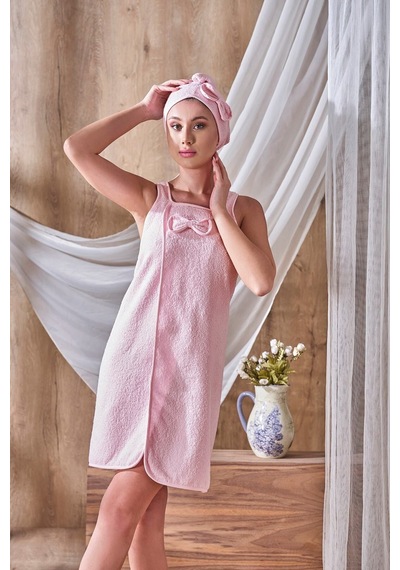 Askılı Bornoz Ve Havlu Bone Bornoz Seti Sauna Seti Plaj Elbisesi Sabahlık Pembe