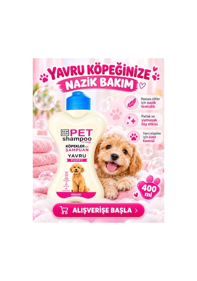 Puppy Yavru Köpek Şampuanı 400 Ml Hassas Ciltler İçin Nazik Temizlik Yumuşak Ve Parlak Tüy Görünümü