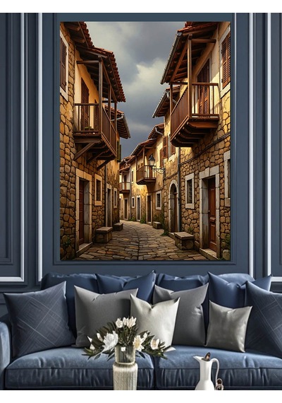 Ahşap Tablo Dar Sokak Taş Evler