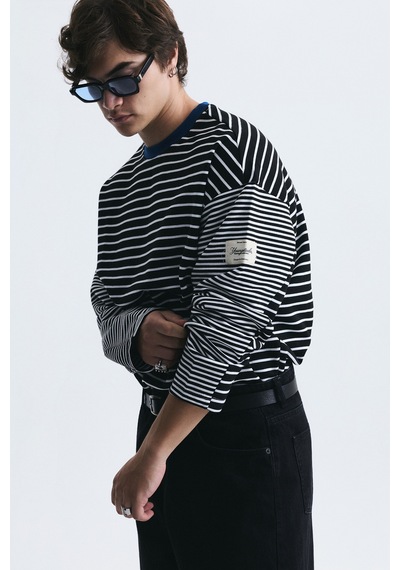 Vamos Kontrast Yaka Çizgili Sweatshirt Ekru-siyah