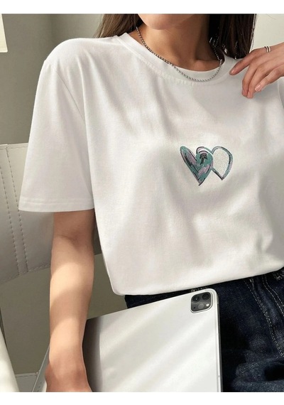 Çift Kalp Logo T-shirt - Beyaz Baskılı Oversize Bisiklet Yaka Kısa Kol Tişört Beyaz