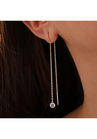 Queen Silver Jewelry 925 Ayar Gümüş Yuvarlak Zirkon Taş Sallantılı Küpe Altın