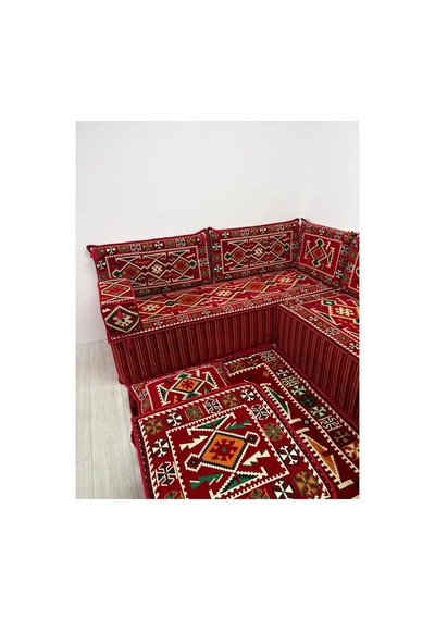 40 Cm Kalın Süngerli Kırmızı Anadolu Şark Köşesi - Kilim Desenli L Yer Minderi Seti