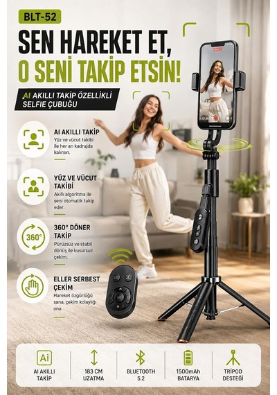 Tr Selfie Çubuğu Ve Tripod Aı Akıllı Takip Özellikli, 183 Cm Uzayabilir, 360 Yüz Ve Vücut Takibi, Bluetooth 5.2 Genel