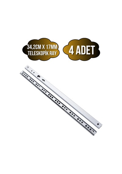 Teleskobik 17mm Çekmece Rayı Gömme Bilyeli İnce Ray 17mm 34,2cm 4 Takım Krom Çok Renkli