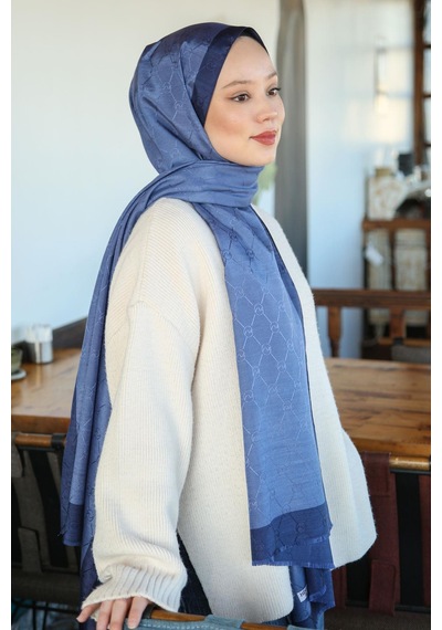 Premium Lux Original Monogram Şal İpek Vual, Yüksek Kalite, Hafif, Rahat, Şık, Tesettür, Shawl Mavi Lacivert Şeritli