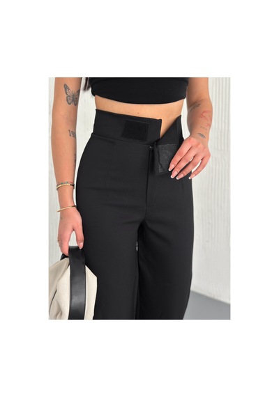Gugus Kadın New Model Kumaş Pantolon Beli Cırtlı Bol Paça Palazzo Geniş Paça Siyah