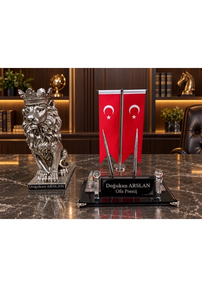Kişiye Özel Çift Kalemli Kristal Masa İsimliği Türk Bayraklı Taçlı Aslan Figürlü 3 Parça Gri