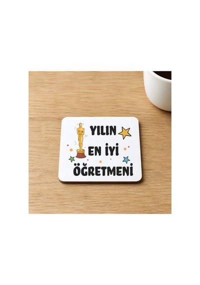 Yılın En İyi Öğretmeni Baskılı 9x9 Cm Kare Mdf Bardak Altlığı - Öğretmene Hediye Ahşap Çok Renkli