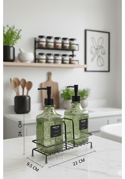 Makri Home Modern Kabartma Desenli Cam İkili Sıvı Sabunluk & Deterjanlık Seti, Yeşil - 500 Ml Cam Sabunluk Yeşil