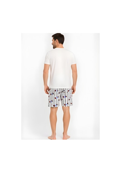 Pijamask Erkek Baskılı Şortlu Pamuklu Yazlık Pijama Takım Beyaz