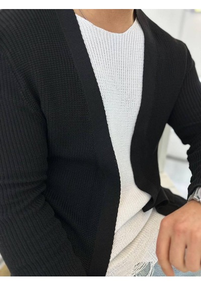 Elku Moda Hırka Örgülü Şal Yaka Mevsimlik Tüylenmez Örgü Triko Hırka Siyah