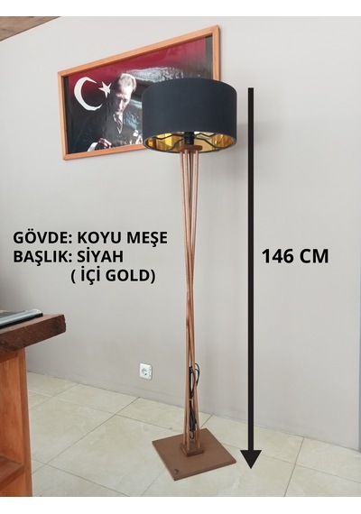 Ahşap Lambader- Siyah Gold Başlık- Koyu Meşe Köşe Aydınlatması Altın - Siyah