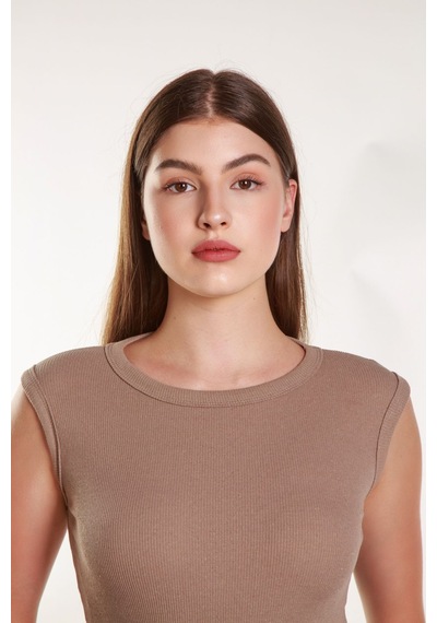 Mea Capio Kadın Vizon Fitilli Likralı Sıfır Kol Bisiklet Yaka Örme Atlet Tshirt Bluz Vizon