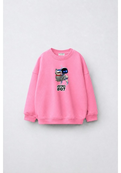 Fasardi Astro Bot Baskılı Oversize 3 İplik Şardonsuz Uzun Kollu Unisex Çocuk Sweatshirt Pembe