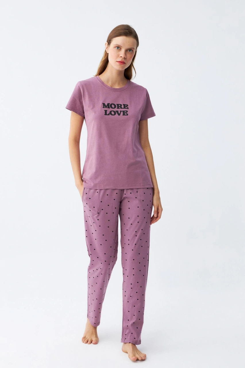 Akbeniz Kadın Mor Yıldız Desenli Penye Kısa Kol Pijama Takımı Mor