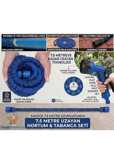 Tabancalı Sihirli Uzayan Hortum 7,5 Metre Bahçe Sulama Araç Yıkama Hortumu 7 Kademeli Sulama Başlığı 1
