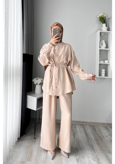 Neşeli Butik Kadın Jakarlı Alt Üst İkili Tesettür Takım Nms053 Bej