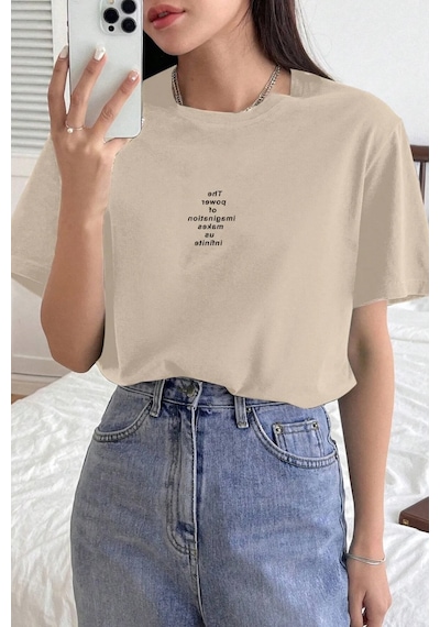 Unisex The Power Of Baskılı Tasarım Tshirt Bej