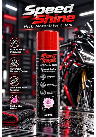 Speed Shine Hızlı Motosiklet Cilası 500 Ml Su İtici Hidrofobik Koruyucu Sprey, Uzun Süre Kalıcı Parlaklık, Bubble Gum Kokulu