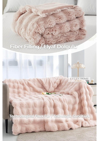 Evlen Home Kürk Yatak Örtüsü Çift Kişilik Dolgulu Peluş Yumuşak Çift Taraflı Yorgan 3 Parça Loria Pudra