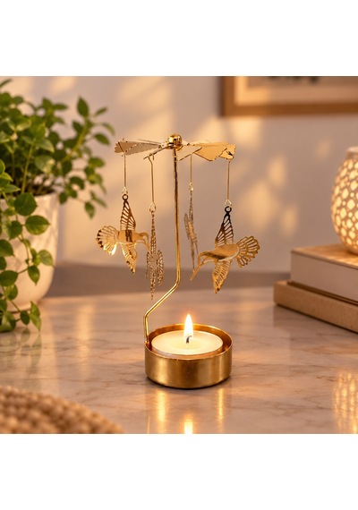 Altın Renk Dönen Sinek Kuşu Figürlü Mumluk Isıyla Dönen Dekoratif Tealight Mumluk