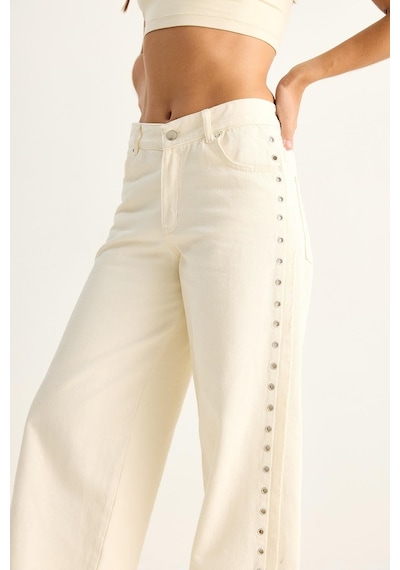 Shade Kadın Yanları Metal Detaylı Wide Leg Denim Pantolon 60282058 - Krem