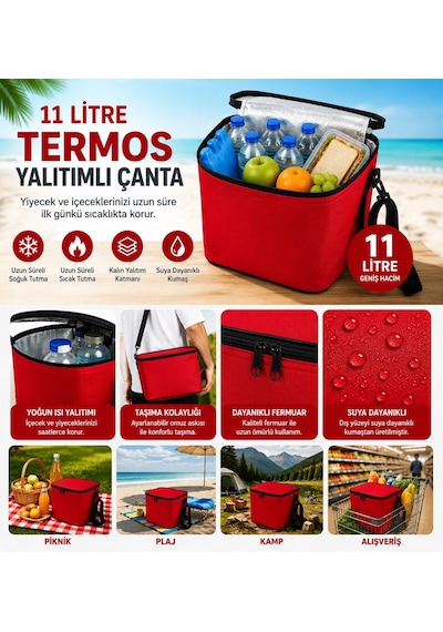 Termal Çanta Termos El Çantası Buzluk Piknik Çantası 11 Lt Soğutucu Çanta Kırmızı