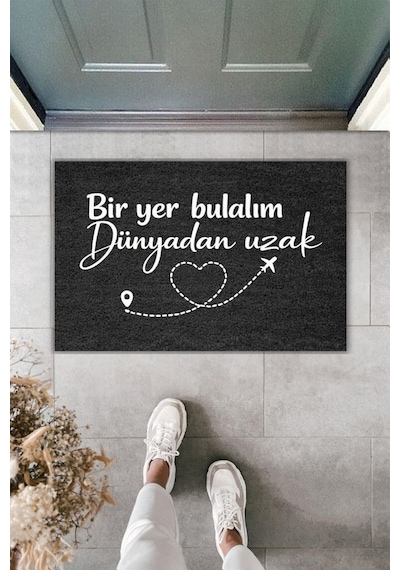 Rugmood Modern Dijital Baskı - Bir Yer Bulalım Dünyadan Uzak - Kapı Önü Paspası Siyah