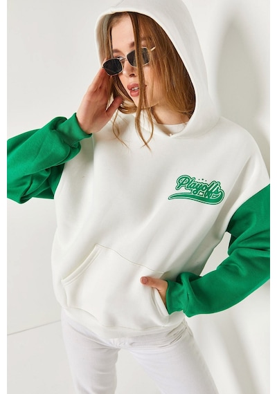 Armonika Kadın Yeşil Önü Ve Arkası Yazılı Şardonlu İki Renk Kapüşunlu Sweatshirt Arm-22y024077