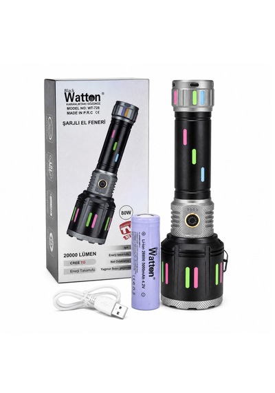 Watton Wt-728 80w Işık Gücü 20.000 Lümen Şarjlı Göstergeli El Feneri