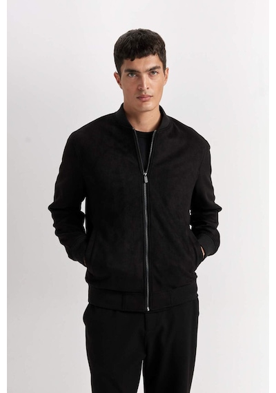 Defacto Slim Fit Dar Kesim Süet Kolej Yaka Fermuarlı Çift Cepli Mevsimlik Baharlık Bomber Mont Ceket A3866AX Siyah