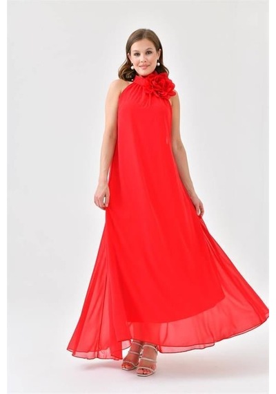 Dip Moda Kadın Broş Çiçek Detaylı Abiye Elbise Dpnbs9351 Kırmızı
