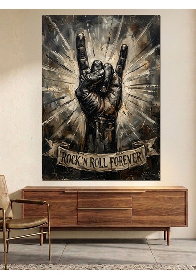 Rock N Roll Ve El Ve Işıklı Tabela Dekoratif Kanvas - Mdf Ahşap Tablo