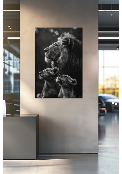 Aslan Ailesi Baskılı Cam Tablo Siyah Beyaz Modern Hayvan Temalı Uv Baskı Duvar Dekoru
