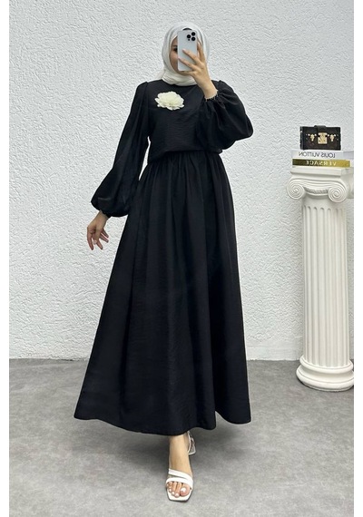 Neşeli Butik Kadın Çiçek Detaylı Etekli Tesettür Takım Nms004 Siyah