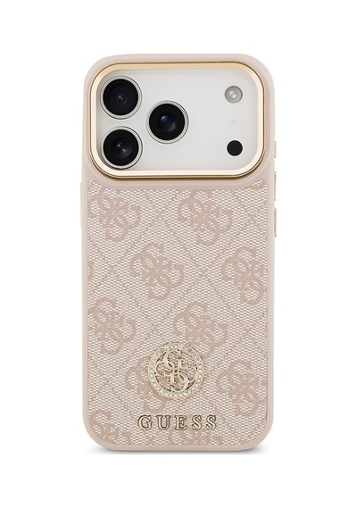 Apple Uyumlu iPhone 17 Pro Kılıf Guess Lisanslı M-safeli Gold Metal Kamera Çerçeveli Taşlı 4g Logolu Pembe Pembe