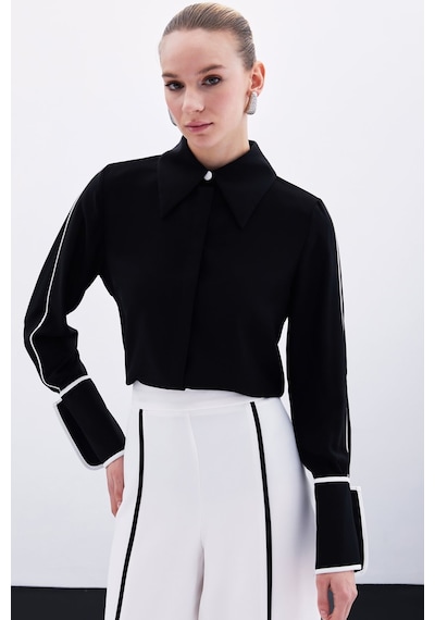 Sateen Klasik Manşetli Kontrast Gömlek - Siyah-135921 Siyah