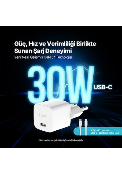 Ttec 2SCG30LB Smartcharger Gan 30W PD Seyahat Hızlı Şarj Aleti + USB-C - Lightning 150 CM Kablo