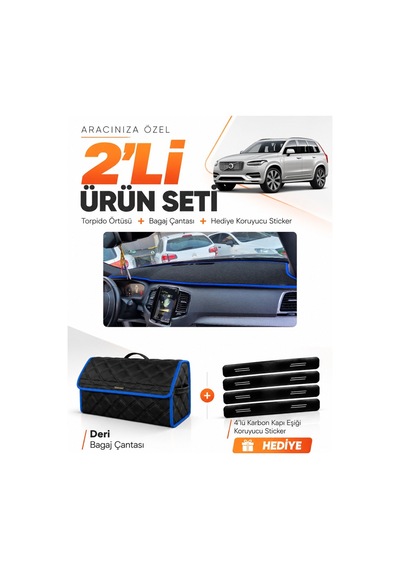 Volvo Xc-90 2015-2024 Uyumlu Torpido Örtüsü + Deri Bagaj Çantası + Sticker Seti - Siyah Mavi