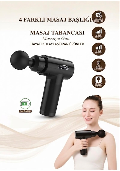 Compact 6 Kademeli 4 Başlıklı Masaj Tabancası Siyah