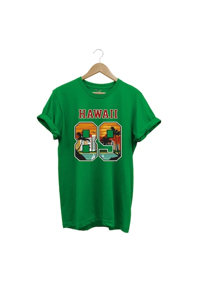 Hawaii 89 Gün Batımı Palmiye Ve Yelkenli Baskılı %100 Pamuk Unisex Regular Fit Tişört Yeşil