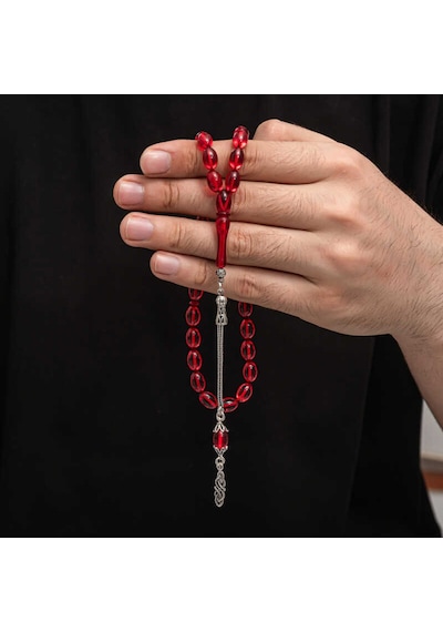 Gümüş Püskül Sıkma Kehribar Tesbih Kırmızı 14508412