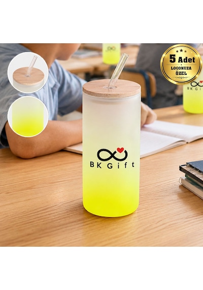 Logonuza Özel 5 Adet Pipetli Cam Matara 600 Ml Ahşap Kapaklı Kurumsal Suluk Sarı
